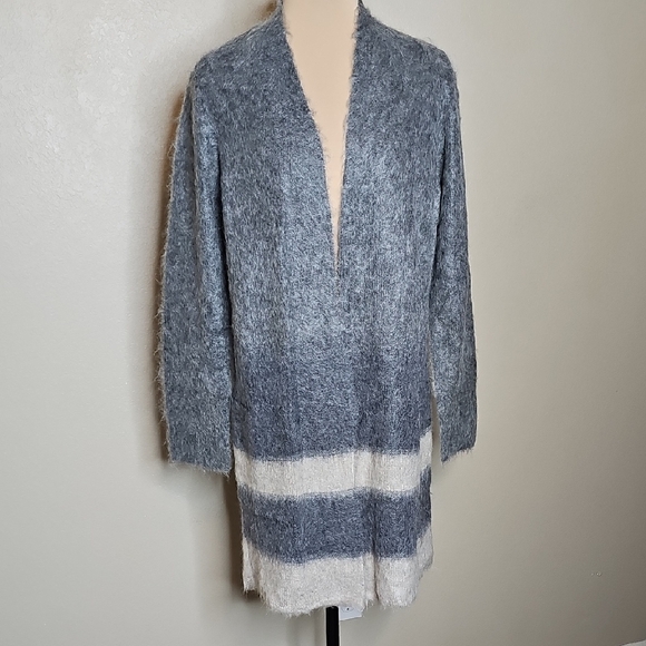 Eileen Fisher Brushed Alpaca Mohair Stripe Cardigan Open-Front Gray Ivory XS - Picture 1 of 8